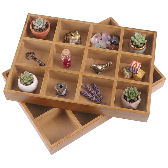 2 Pack Wooden Sorting Tray, 12 Compartments Wood Divided Organizer Box, Vintage Tabletop Box Organizer for Cosmetics Crafts and Succulents, 13.2 x 9.4 x 1.8 in