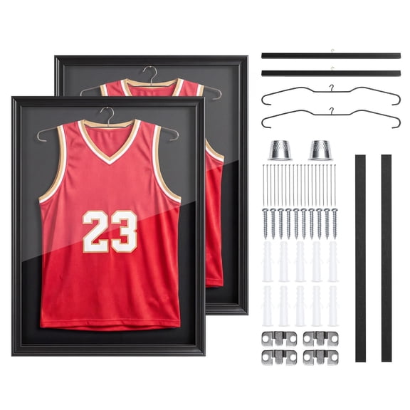 2 Pack Wooden Sports Jersey Display Shadow Box 31.323.2 Inch, Magnetic Lock Design, 98% UV Resistant PC Panel & Garment Hanger, Storage Frame for All Kinds of Athletic Uniform Shirts