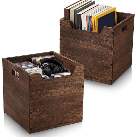 2 Pack Wooden Storage Box Bins, 11 Inch Stackable Brown Cube Organizer for Books, Records, Toys, Pantry & Closet