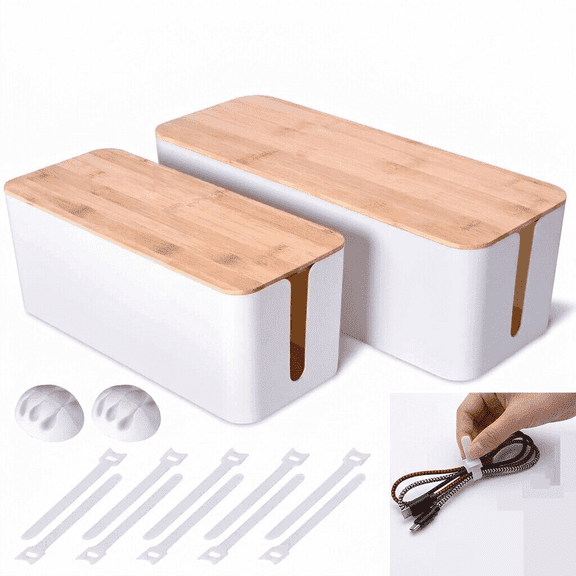 2 Pack Wooden Style Cable Management Box, Cord Organizer Box, Cord Hider & Cable Organizer for Desk, ABS Locked Wire Storage Box White