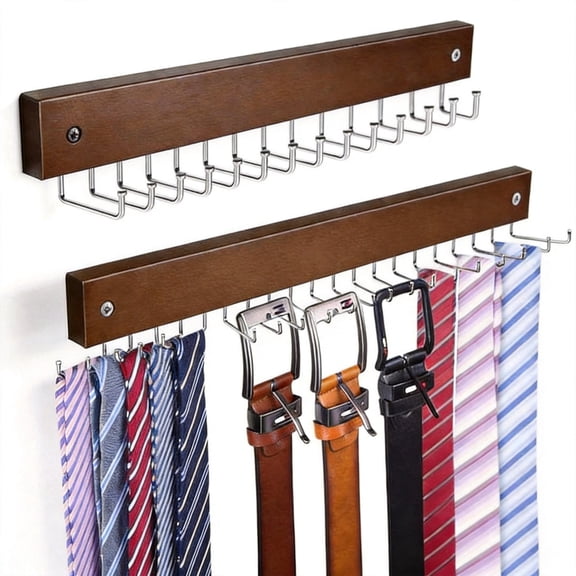 2-Pack Wooden Tie Rack and Belt Organizer for Closet, Wall Mounted Tie Holder with 28 Folding Metal Hooks, Space Saving Hanging Storage for Belts and Accessories, Natural Wood Finish