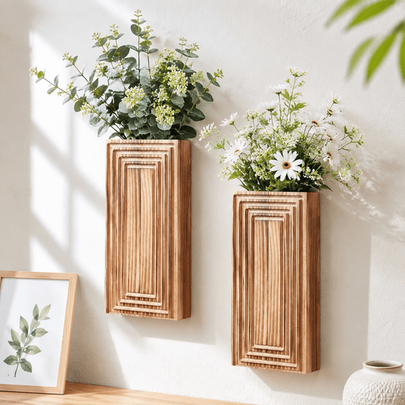 2 Pack Wooden Wall Decor Rack, Rustic Hanging Display Organizer, Farmhouse Style Home Decoration for Living Room Bedroom Bathroom Kitchen