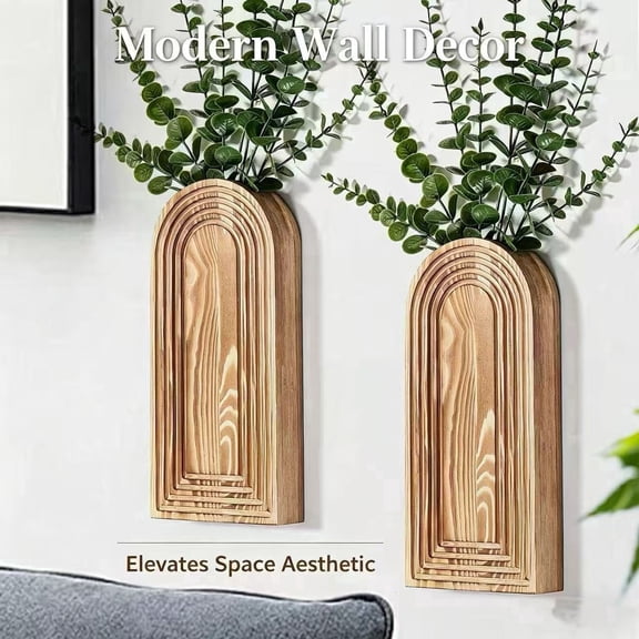 PLERISE 2-Pack Wooden Wall Vase Set, Brown Finish Modern Farmhouse and Boho Wall Decor for Home Narrow Spaces