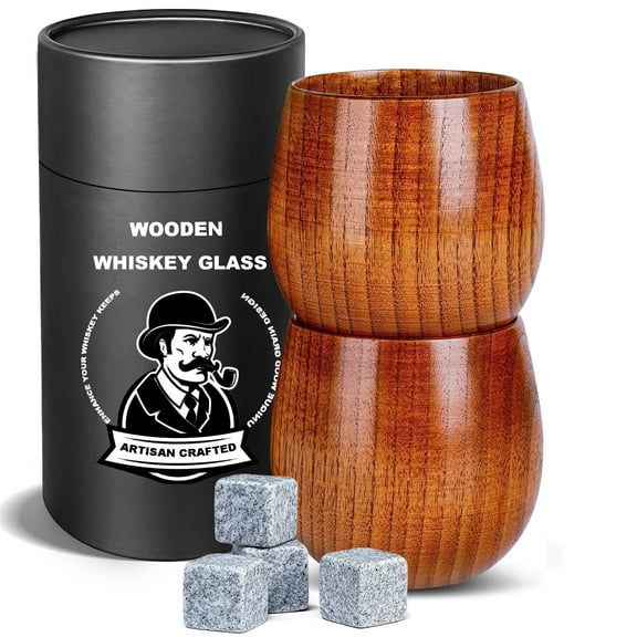 2 Pack Wooden Whiskey Glasses – Handmade Bourbon Tumblers for Men – Old Fashioned Cocktail Cups – Gifts for Dad, Men, Brother, or Whiskey Lovers