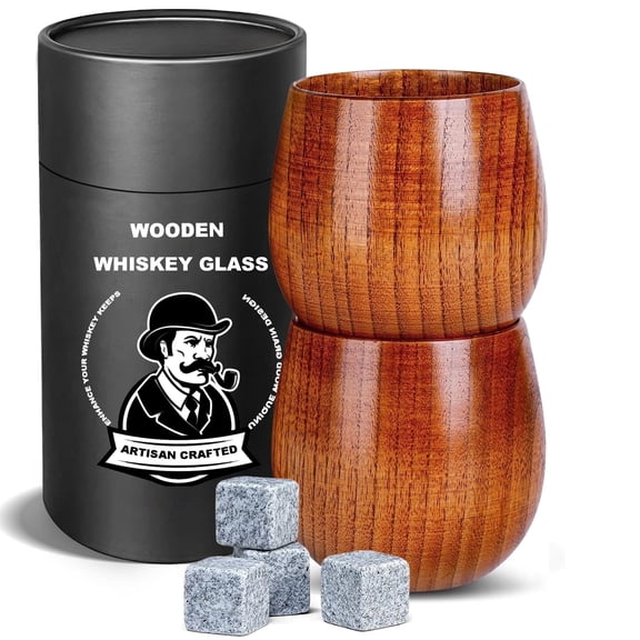 2 Pack Wooden Whiskey Glasses Handmade Bourbon Tumblers for Men Old Fashioned Cocktail Cups Gifts for Dad, Men, Brother, or Whiskey Lovers