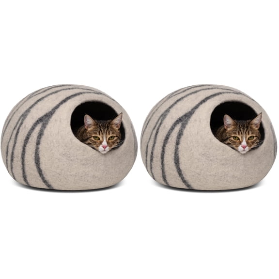 2-Pack Wool Felt Cat Cave Bed Set, Medium Size Natural 100% Merino Wool Pet Nest for Indoor Cats, Durable Cat Hideaway for Sleeping, Breathable Pet Enclosure