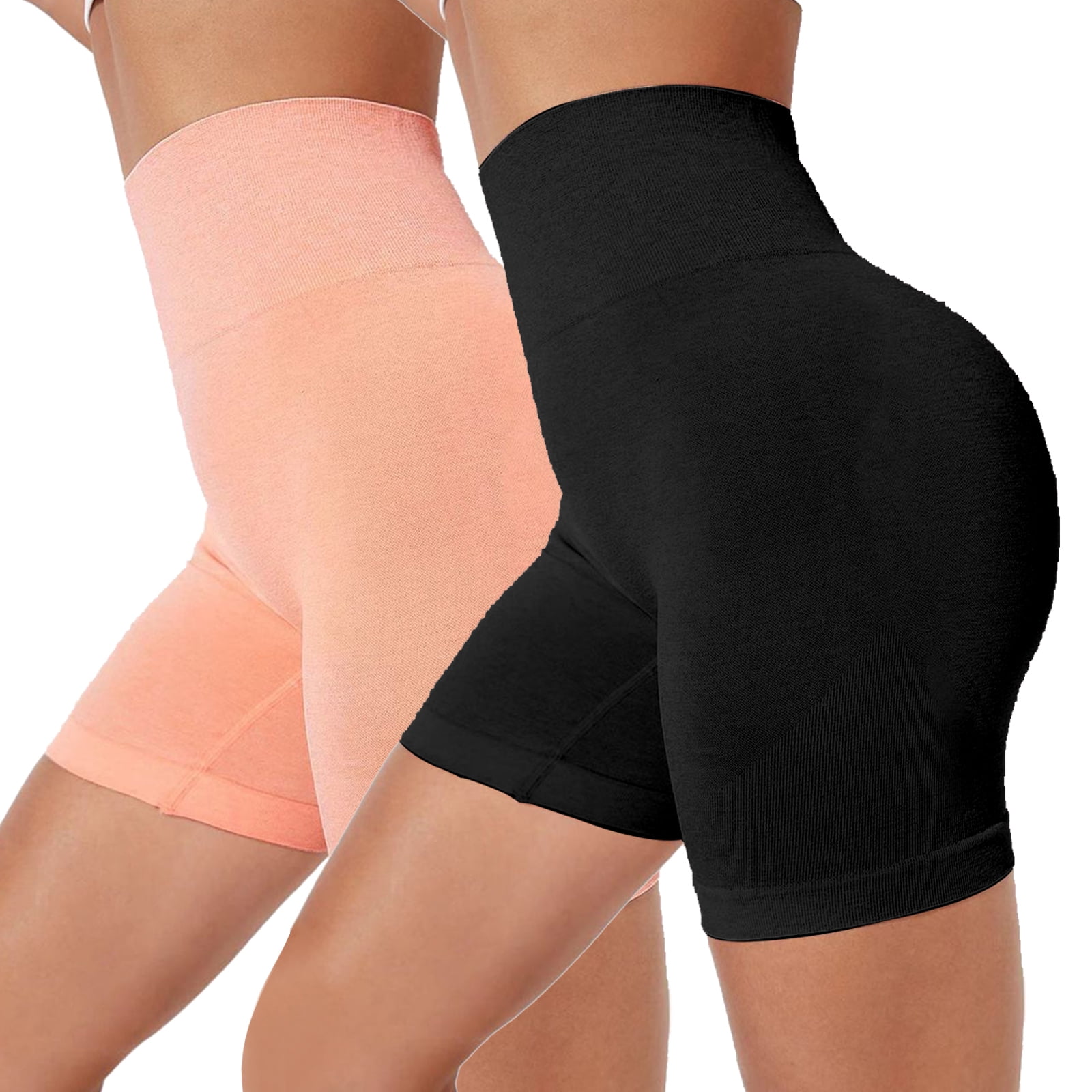 2 Pack Workout Biker Shorts Sets Seamless Ribbed High Waisted Yoga Booty  Shorts Tummy Control for Running Gym Black+Rose Red S
