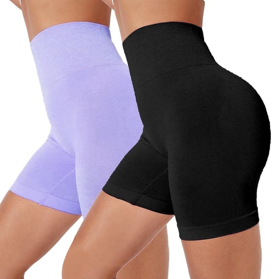 GAI YI2-Pack Women's High-Waisted Gym Shorts - Seamless Tummy Control, Black & Purple, Size L