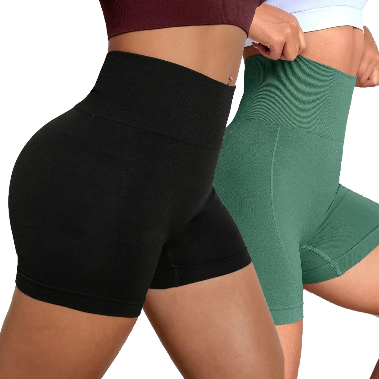 2 Pack Workout Biker Shorts Sets Seamless Ribbed High Waisted Yoga Booty Shorts  Tummy Control for Running Gym Black+Rose Red S 