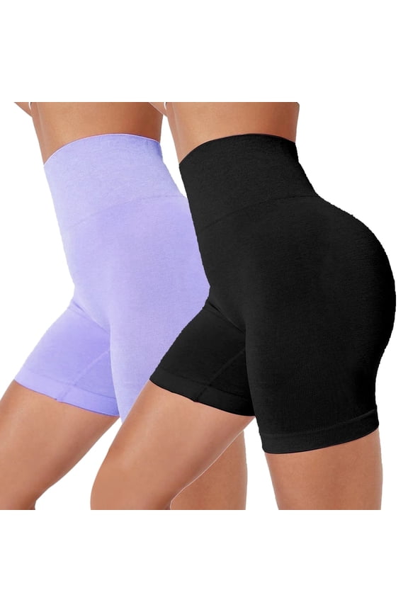 2-Pack Biker Shorts for Women, Anti-Chafing Workout Shorts - Multiple Colors , Black & Purple, Size S