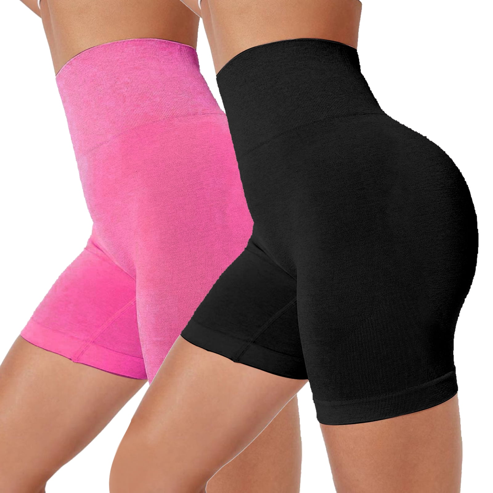 2 Pack Workout Biker Shorts Sets Seamless Ribbed High Waisted Yoga Booty Shorts  Tummy Control for Running Gym Black+Rose Red S 