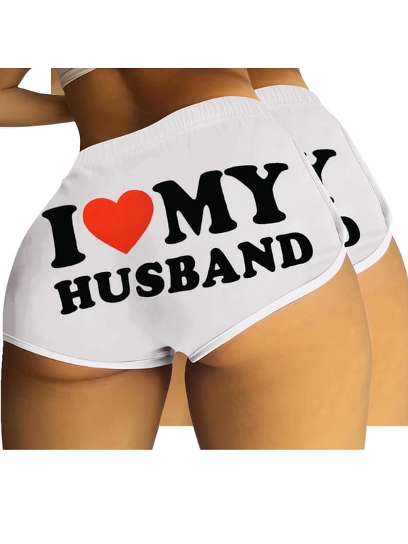 2 Pack Workout Scrunch Booty Shorts for Women Gym I Love My Husband Letter Sexy Hot Pants Briefs Butt Lifting Cute Sports Leggings White, L