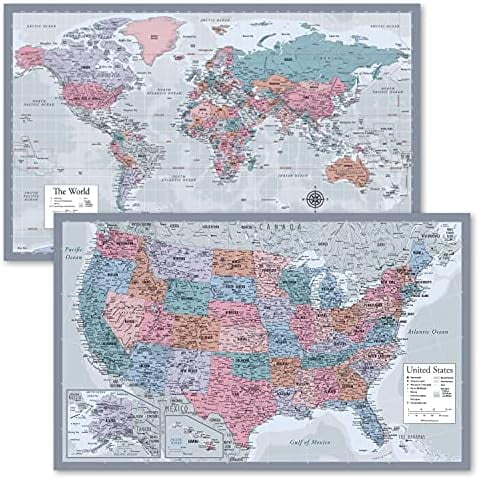 2 Pack - World Map Poster & USA Map Chart [Purple] (LAMINATED, 18