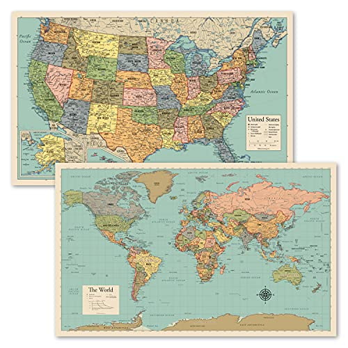 Laminated World and USA Map Poster Set, 18” x 29”