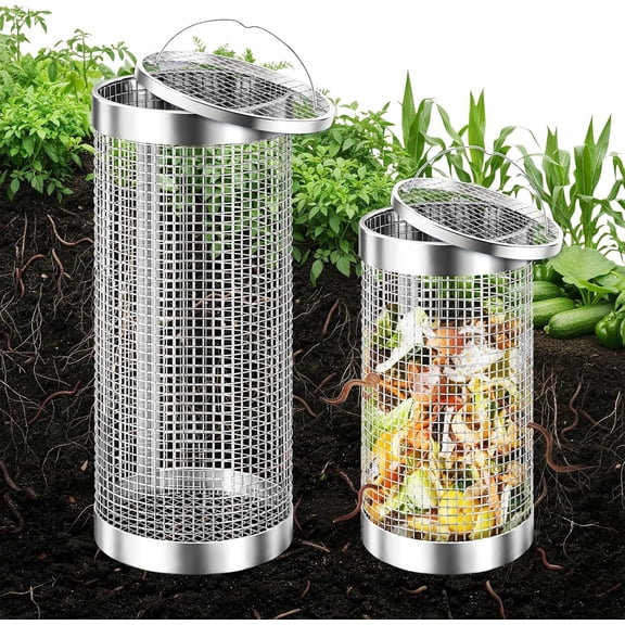 2 Pack Worm Composter Worm Bin, Stainless Steel Inground Compost Bin with Handle, Metal Worm Composting System for Kitchen Food Waste Recycling, Outdoor Garden Vermicomposting Bin w/Lid, Easy Install
