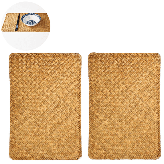 2 Pack Woven Placemats, 17" x 12" Rectangular Wicker Placemats-Natural Seagrass Table Mats Set for Dining Table & Kitchen Picnic Table, Caramel