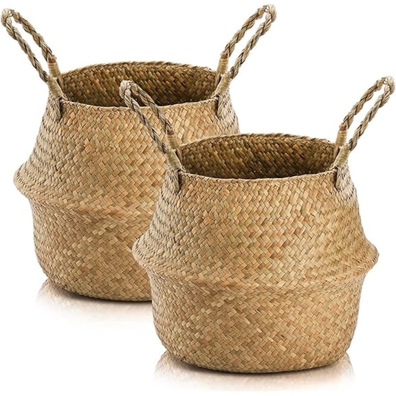 2 Pack Woven Plant Pot Holder,Durable Woven Seagrass Belly Basket,Woven Seagrass Plant Basket with Handles,Reusable Basket for Laundry,Picnic