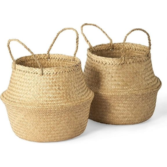 2 Pack Woven Seagrass Plant Basket,Woven Plant Pot Holder,Reusable Woven Belly Basket for Plant Pot Cover,Beach Bag and Grocery Basket