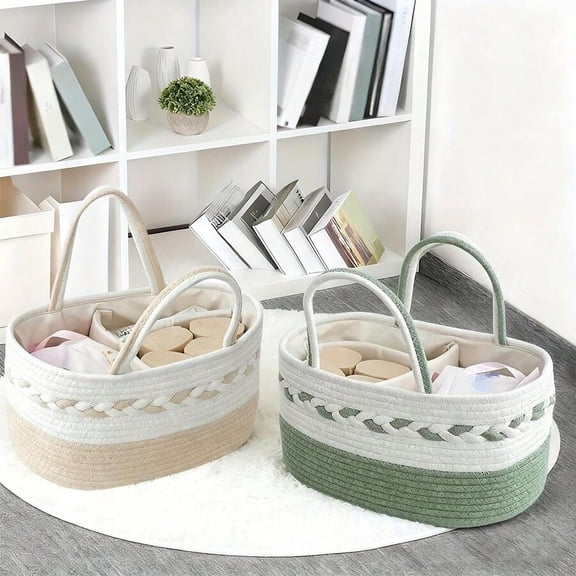 2 Pack Woven Storage Basket With Handles, 14.17"x9.06"x6.69" Polyester Decorative Organizer Bin, Multipurpose Gift Basket, Toy & Pet Storage Basket