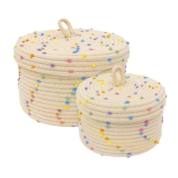2 Pack Woven Storage Baskets with Lids, Multicolor Cotton Rope Organizer Bins with Pom Pom, Perfect for Garden & Home