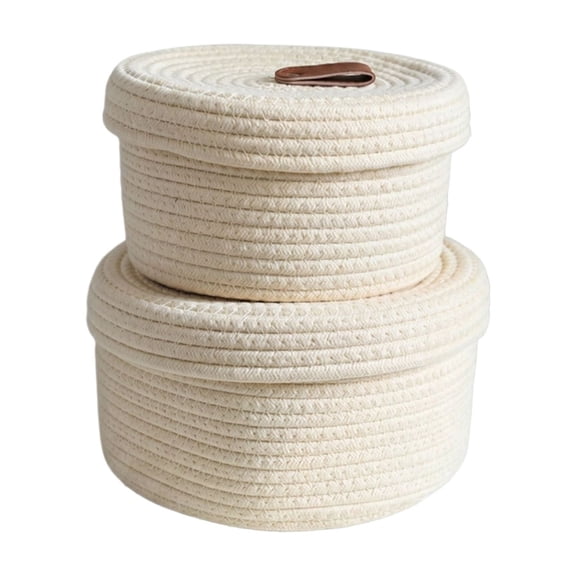 2 Pack Woven Storage Baskets with Lids, White Cotton Rope Organizer Bins with Pom Pom, Perfect for Garden & Home