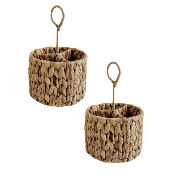 2 Pack Woven Utensil Caddy with Handle, 3 Compartments Silverware Holder Organizer for Countertop, Water Hyacinth Rustic Flatware Cutlery Caddy for Picnic, Party, Buffet