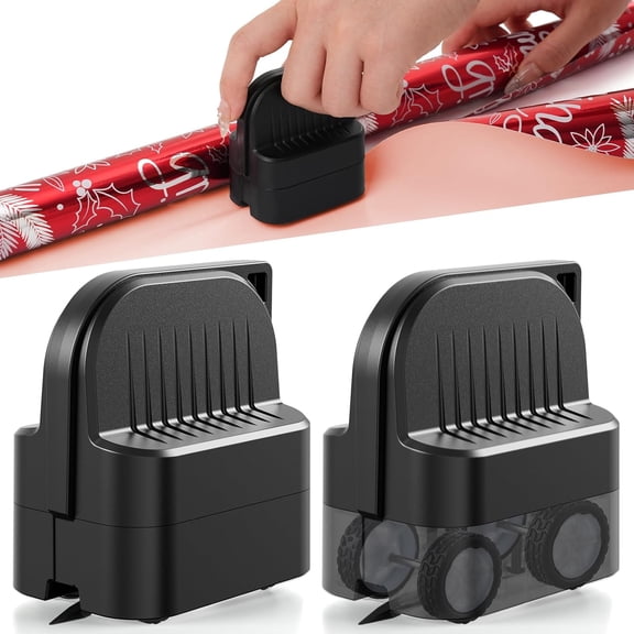 2-Pack Wrapping Paper Cutter with Wheels | Straight Line Gift Wrap Cutter for Birthday and Christmas, Fits Various Rolls and Papers, Includes 2 Replaceable Blades (Pure Black)