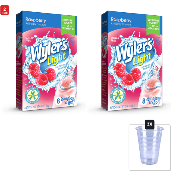 2 Pack | Wylers Light Singles Water Drink Mix To Go Powder Packets, Raspberry, 8 Count & 3x 16oz Plastic Cup with Strawless Sip-Lid