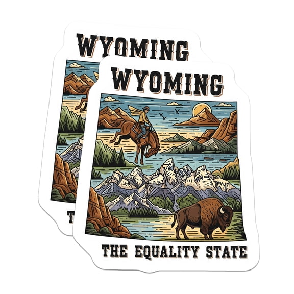 (2 Pack) Wyoming Stickers - Equality State Souvenir - Cowboy Bison Landscape Art - 5" On Longest Side - Sticks to Smooth Flat Surfaces - Made in USA - BMCS14249