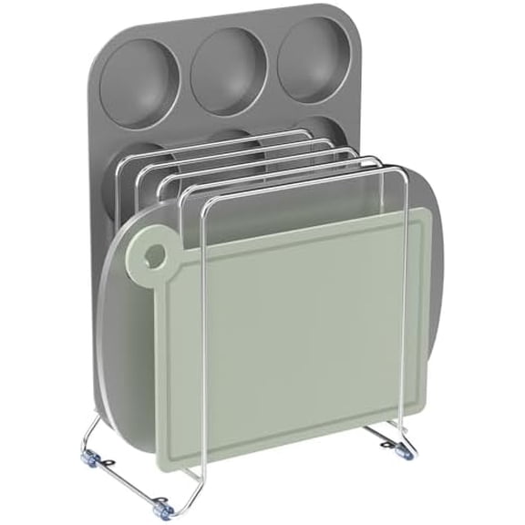 2 Pack-X-Large Kitchen Cabinet Organizer - Storage Tray Organizer Rack for Kitchen Cabinet - Divided Holder with 5 Slots for Skillets, Cutting Board, Baking Sheets(Chrome)