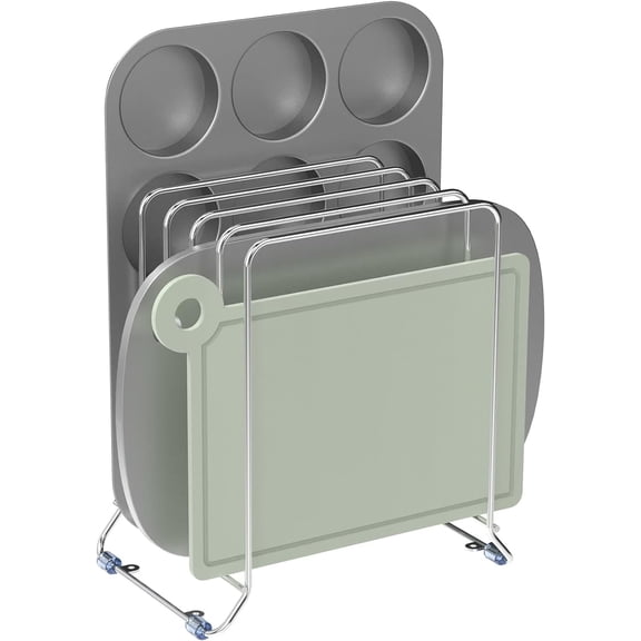 2 Pack-X-Large Kitchen Cabinet Organizer - Storage Tray Organizer Rack for Kitchen Cabinet - Divided Holder with 5 Slots for Skillets, Cutting Board, Baking Sheets(Chrome)