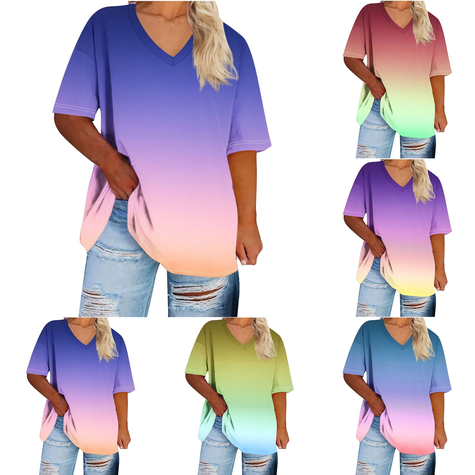 2 Pack XL-5X Plus Size Tees Tops for Women Short Sleeve V Neck Oversized T Shirts Womens Trendy Gradient Printed Pullover Loungewear Going-Out Blouses Top