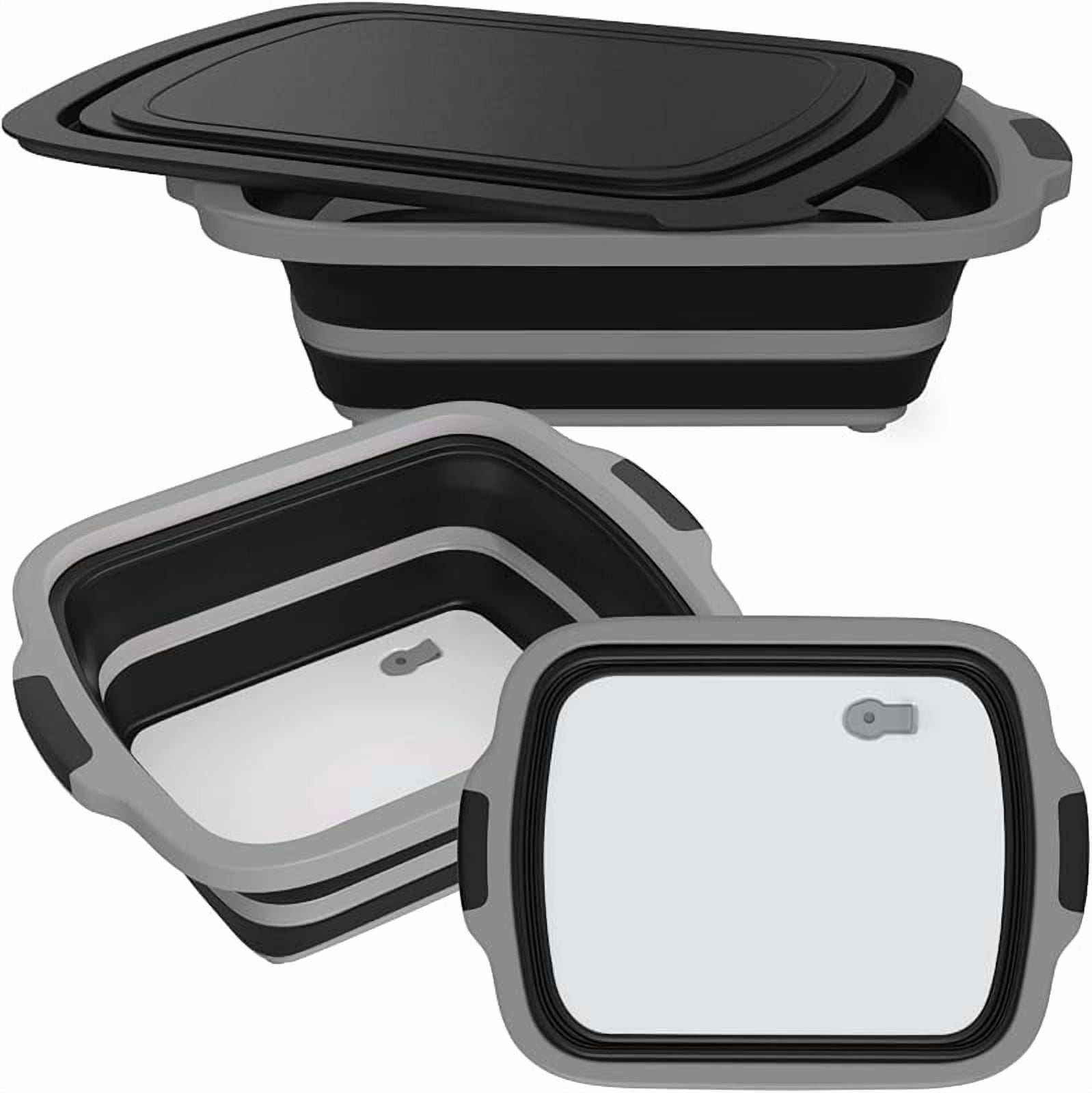 2-Pack XL Collapsible BBQ Prep Tub with Built-In Cutting Board, Lid & Strainer – Marinate, Drain & Prep – Large Food-Safe Container – Perfect for Grilling, Smoking & Outdoor Cooking (Black)