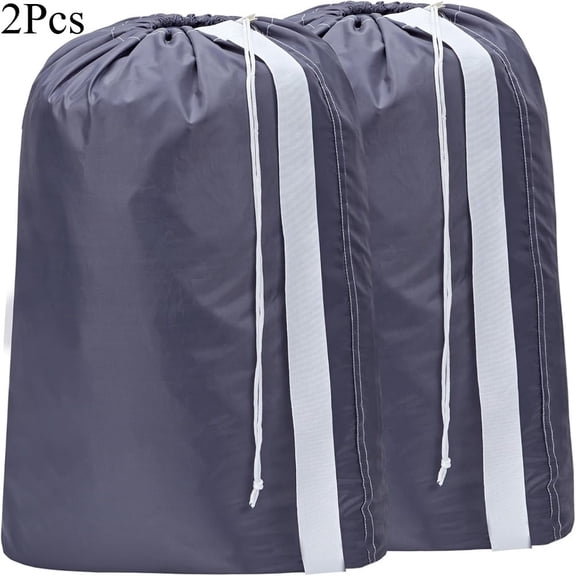 2 Pack XL Nylon Laundry Bag with Strap, Large Dirty Clothes Organizer, Holds 4 Loads, Easily Fits Hamper Basket,Grey