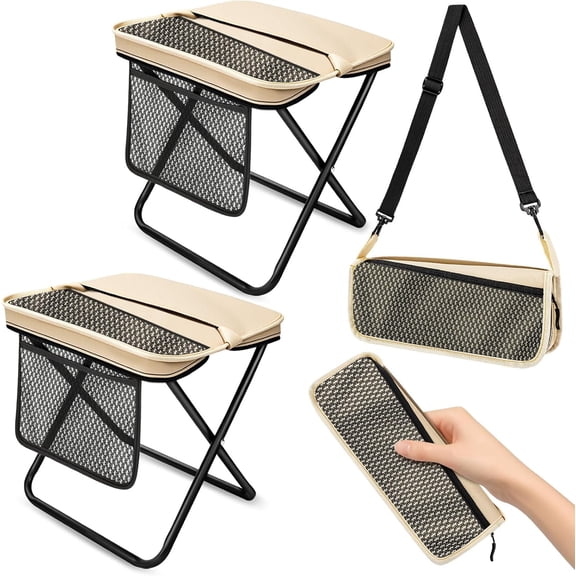 2 Pack XL Portable Chairs for Adults, 14.2" Wide Seat & Knee-Frien Folding Stool Pocket Chair, Foldable Backpack Stool, Heavy Duty Collapsible Camping Seat for Fishing Travel - Khaki
