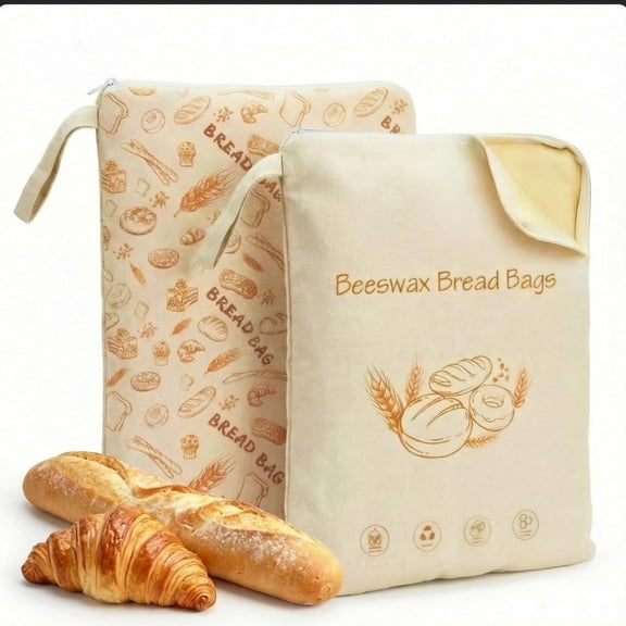 2 Pack XL Reusable Beeswax Bread Bags with Wide Zipper, Organic Linen Cotton Sourdough Bags for Homemade Bread Storage