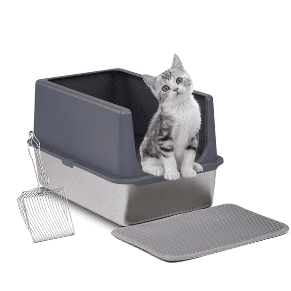 2 Pack XL Stainless Steel Cat Litter Box with Lid, Extra Large Litter Pan with High Sides, Easy Cleaning, Include Double Layer Litter Mat and Scoop, Gray