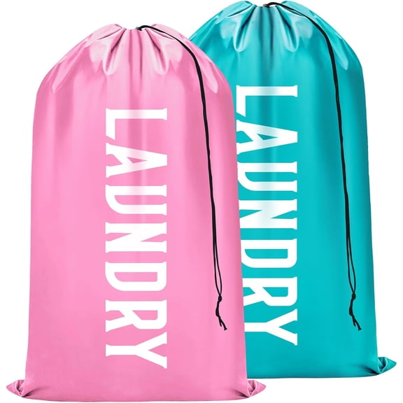 2 Pack XL Travel Laundry Bag, Machine Washable Dirty Clothes Organizer, Large Enough to Hold 4 Loads of Laundry, Easy Fit a Laundry Basket (Pink+Blue, 24" x 36")