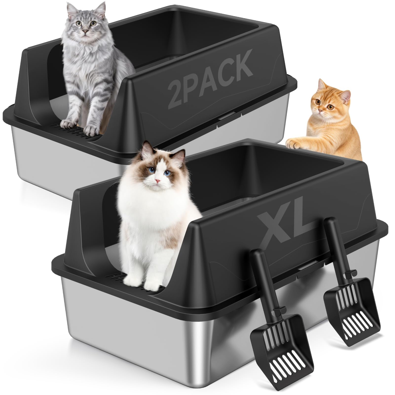 2 Pack Extra Large Stainless Steel Cat Litter Boxes with High Sides, Includes 2 Scoops