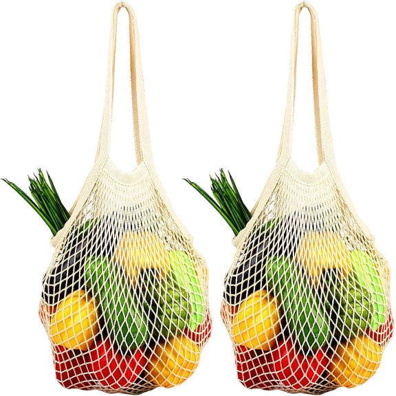 [2 Pack] YEKEYI Premium Mesh Grocery Bags, Reusable Produce Bags, Long Handle Net Tote Bags, 100% Cotton String Bags, Fruit and Vegetable Bags, Beige (Portable/Washable/Durable)