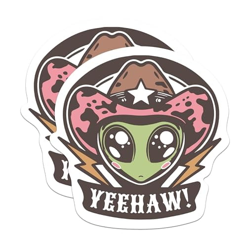 (2 Pack) Yeehaw Alien Stickers - Cowboy Hat Alien Sticker - Wild West Alien - 5 Inches On Longest Side - Premium Vinyl Decal - Sticks to Any Smooth Flat Surface - Made in USA - BMCS2218