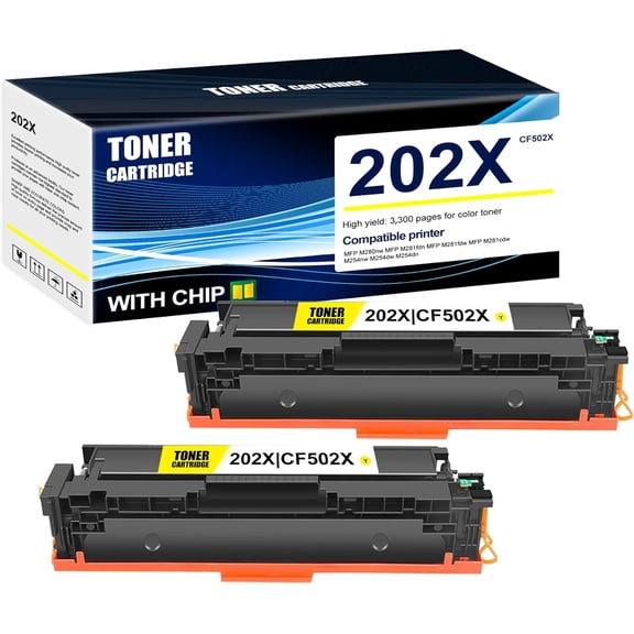 2-Pack Yellow 202X CF502X Toner Cartridge: Compatible 202X CF502X Replacement for HP MFP M280nw MFP M281fdn MFP M281fdw MFP M281cdw M254nw M254dw M254dn Printer