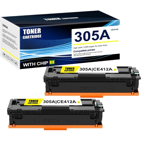 2-Pack Yellow 305A CE412A Toner Cartridge: Compatible 305A CE412A Replacement for HP M351a M451nw M451dn M451dw MFP M475dn MFP M475dw MFP M375nw Printer