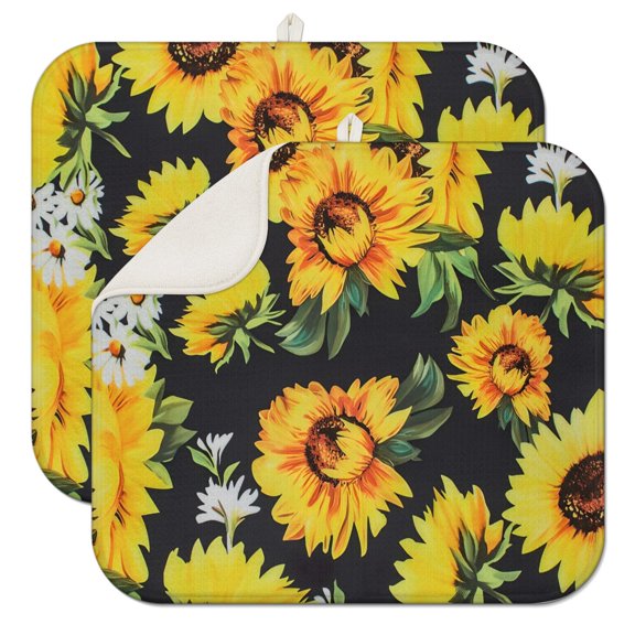 2 Pack Yellow Bloom Drying Mats - Foldable Compact Kitchen Mat with Boho Sunflower Aesthetic