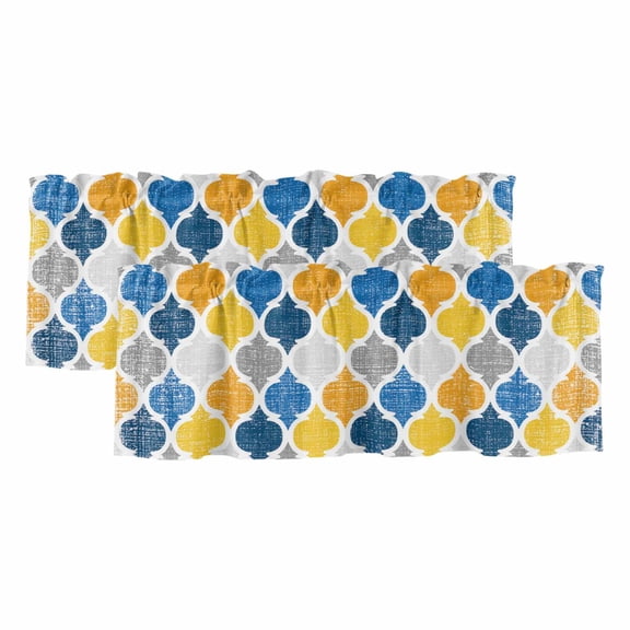 2 Pack Yellow Blue Valance for Window Moroccan Trellis Retro Abstract Geometric Kitchen Valance Rod Pocket Short Curtain Topper Decorative Window Treatment for Living Room Bedroom 42"x12"