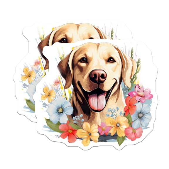 (2 Pack) Yellow Lab Stickers - Happy Dog Floral Decal - Labrador Lover Present for Her - 5" On Longest Side - Sticks to Smooth Flat Surfaces - Made in USA - BMCS29874