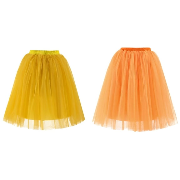 2 Pack(Yellow & Orange) Womens High Quality Pleated Silk Skirt Gauze Knee Length Skirt Hangers Tutu Dancing Skirt Suspender Skirt Satin Midi Skirt Rip Skirt Sk