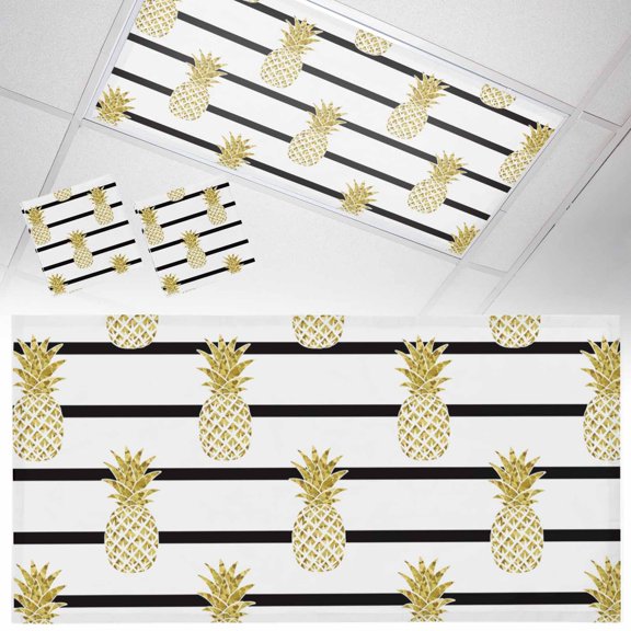 2 Pack Yellow Pineapple Fluorescent Light Covers for Ceiling Lights Abstract Fruit White Black Stripe Modern Magnetic Ceiling Light Covers Overhead Light Filters for Office Classroom Home