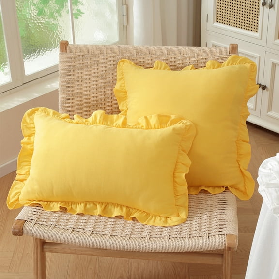 2 Pack Yellow Ruffle Gingham Throw Pillow Covers, 100% Washed Cotton Checkered Farmhouse Decorative Pillow Shams for Bed/Sofa - 12''x20''