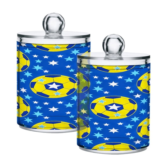2 Pack Yellow Soccer Star Qtip Holder Dispenser Clear Plastic Storage Apothecary Jars for Cotton Swabs Balls Pads Floss
